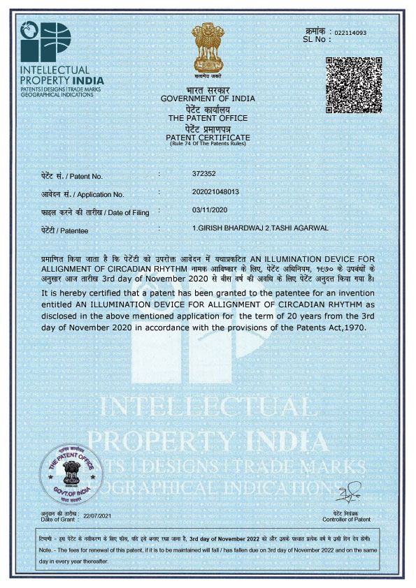 PATENT-CERTIFICATE-CIRCADIAN GIRISH BHARDWAJ